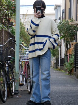 空白テトさんの「【MASONPRINCE】ヴィンテージ加工 色落ち加工  フレアシルエット デニム パンツ」を使ったコーディネート