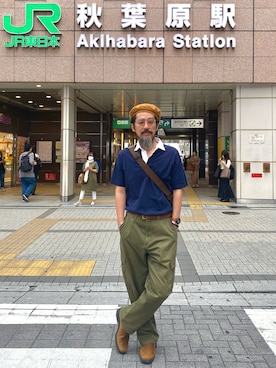 「Engineered Garments（エンジニアードガーメンツ）のアイテム（ハンチング/ベレー帽）」を使った、ヤギハシカズヒロさん（メンズ・181cm）の夏コーディネート