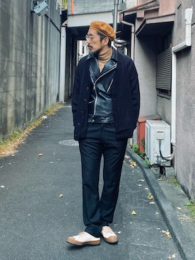 「Engineered Garments（エンジニアードガーメンツ）のアイテム（ハンチング/ベレー帽）」を使った、ヤギハシカズヒロさん（メンズ・181cm）の冬コーディネート