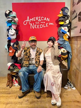 「AMERICAN NEEDLE（アメリカンニードル）のアイテム（キャップ、イエロー系）」を使った、ヤギハシカズヒロさん（メンズ・182cm）の夏コーディネート