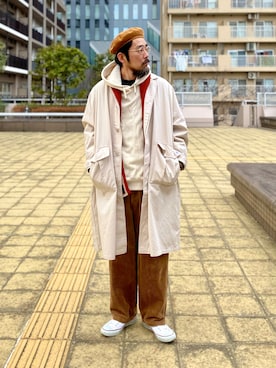 「Engineered Garments（エンジニアードガーメンツ）のアイテム（ハンチング/ベレー帽）」を使った、ヤギハシカズヒロさん（メンズ・181cm）の冬コーディネート