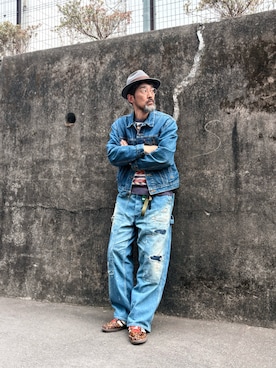 「H.UNIT STORE LABEL（エイチユニット ストアレーベル）のアイテム（デニムパンツ、ブルー系）」を使った、ヤギハシカズヒロさん（メンズ・182cm）の春コーディネート