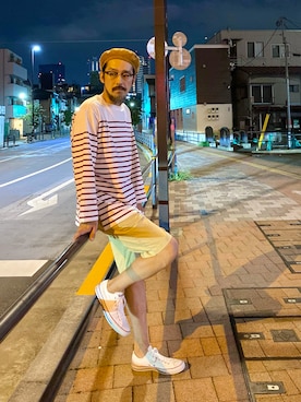 「Engineered Garments（エンジニアードガーメンツ）のアイテム（ハンチング/ベレー帽）」を使った、ヤギハシカズヒロさん（メンズ・181cm）の夏コーディネート
