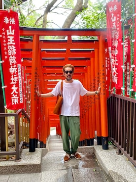 「Engineered Garments（エンジニアードガーメンツ）のアイテム（ハンチング/ベレー帽）」を使った、ヤギハシカズヒロさん（メンズ・181cm）の夏コーディネート