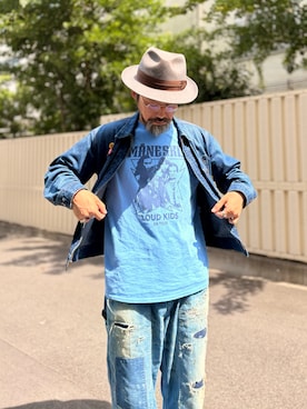 「Lee（リー）のアイテム（デニムジャケット、ブルー系）」を使った、ヤギハシカズヒロさん（メンズ・182cm）の夏コーディネート