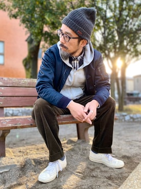 「CHAPS（チャップス）のアイテム（パンツ）」を使った、ヤギハシカズヒロさん（メンズ・181cm）の冬コーディネート