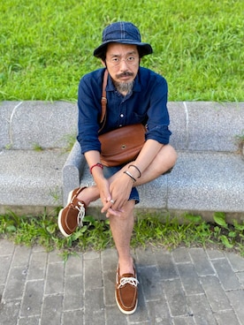 「Buzz Rickson's（バズリクソンズ）のアイテム（帽子）」を使った、ヤギハシカズヒロさん（メンズ・181cm）の夏コーディネート
