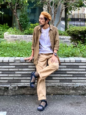 「Engineered Garments（エンジニアードガーメンツ）のアイテム（ハンチング/ベレー帽）」を使った、ヤギハシカズヒロさん（メンズ・181cm）の秋コーディネート