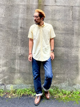 「Engineered Garments（エンジニアードガーメンツ）のアイテム（ハンチング/ベレー帽）」を使った、ヤギハシカズヒロさん（メンズ・181cm）の秋コーディネート