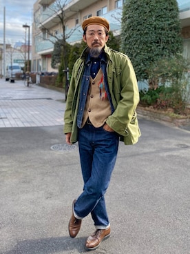 「Engineered Garments（エンジニアードガーメンツ）のアイテム（ハンチング/ベレー帽）」を使った、ヤギハシカズヒロさん（メンズ・181cm）の冬コーディネート
