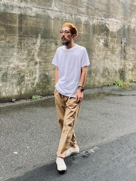「Engineered Garments（エンジニアードガーメンツ）のアイテム（ハンチング/ベレー帽）」を使った、ヤギハシカズヒロさん（メンズ・181cm）の夏コーディネート
