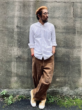 「Engineered Garments（エンジニアードガーメンツ）のアイテム（ハンチング/ベレー帽）」を使った、ヤギハシカズヒロさん（メンズ・181cm）の夏コーディネート