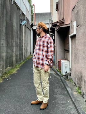 「Engineered Garments（エンジニアードガーメンツ）のアイテム（ハンチング/ベレー帽）」を使った、ヤギハシカズヒロさん（メンズ・181cm）の秋コーディネート