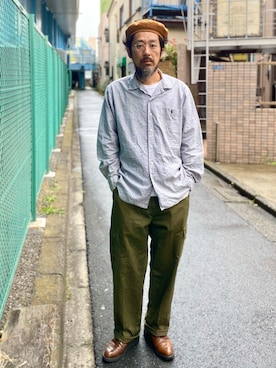 「Engineered Garments（エンジニアードガーメンツ）のアイテム（ハンチング/ベレー帽）」を使った、ヤギハシカズヒロさん（メンズ・181cm）の夏コーディネート