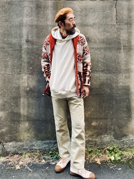 「Engineered Garments（エンジニアードガーメンツ）のアイテム（ハンチング/ベレー帽）」を使った、ヤギハシカズヒロさん（メンズ・181cm）の冬コーディネート
