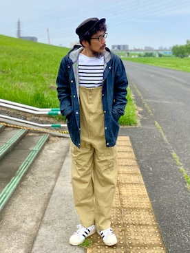 「アメカジ」｜「アイテム（オールインワン・サロペット、ベージュ系）」を使った、ヤギハシカズヒロさん（メンズ・181cm）の春コーディネート