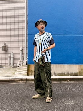 「adidas（アディダス）のアイテム（その他トップス、ブルー系）」を使った、ヤギハシカズヒロさん（メンズ・182cm）の夏コーディネート