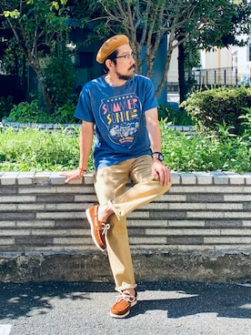 「Engineered Garments（エンジニアードガーメンツ）のアイテム（ハンチング/ベレー帽）」を使った、ヤギハシカズヒロさん（メンズ・181cm）の秋コーディネート