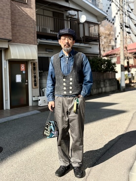 「Lee（リー）のアイテム（デニムジャケット、ブルー系）」を使った、ヤギハシカズヒロさん（メンズ・182cm）の春コーディネート