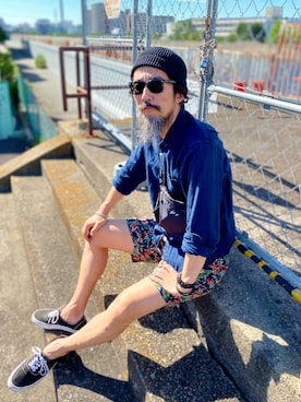 「FIVE BROTHER（ファイブブラザー）のアイテム」を使った、ヤギハシカズヒロさん（メンズ・181cm）の夏コーディネート