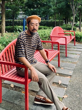 「Engineered Garments（エンジニアードガーメンツ）のアイテム（ハンチング/ベレー帽）」を使った、ヤギハシカズヒロさん（メンズ・181cm）の秋コーディネート