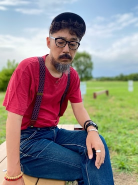 「Eddie Bauer（エディーバウアー）のアイテム（Tシャツ/カットソー）」を使った、ヤギハシカズヒロさん（メンズ・181cm）の夏コーディネート