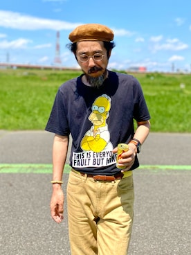 「Engineered Garments（エンジニアードガーメンツ）のアイテム（ハンチング/ベレー帽）」を使った、ヤギハシカズヒロさん（メンズ・181cm）の夏コーディネート