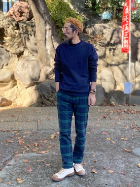 「Engineered Garments（エンジニアードガーメンツ）のアイテム（ハンチング/ベレー帽）」を使った、ヤギハシカズヒロさん（メンズ・181cm）の秋コーディネート
