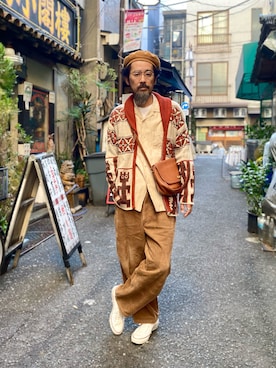 「Engineered Garments（エンジニアードガーメンツ）のアイテム（ハンチング/ベレー帽）」を使った、ヤギハシカズヒロさん（メンズ・181cm）の秋コーディネート