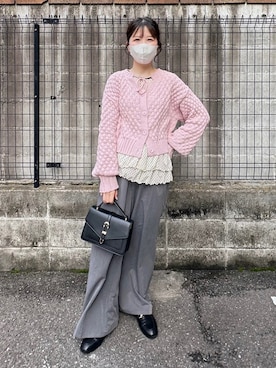 「tiptop（ティップトップ）のポコポコ編前後2wayカーディガン（ニット/セーター、ピンク系）」を使った、てぃるさん（レディース・158cm）の春コーディネート