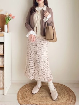 「しまむら（シマムラ）のアイテム（ニット/セーター、ベージュ系）」を使った、てぃるさん（レディース・158cm）の春コーディネート