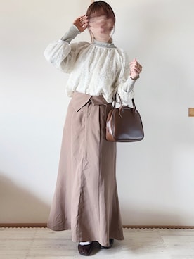 「メロートップス」｜「アイテム（スカート）」を使った、てぃるさん（レディース・158cm）の春コーディネート
