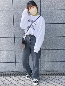 「メロートップス」｜「アイテム（デニムパンツ）」を使った、てぃるさん（レディース・158cm）の冬コーディネート