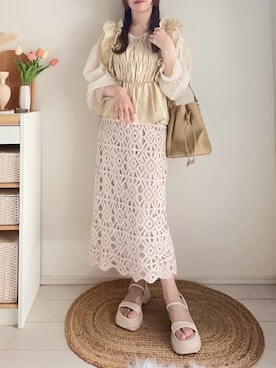 「しまむら（シマムラ）のアイテム（シャツ/ブラウス、イエロー系）」を使った、てぃるさん（レディース・158cm）の夏コーディネート