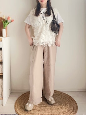 「しまむら（シマムラ）のアイテム（ベスト、ホワイト系）」を使った、てぃるさん（レディース・158cm）の夏コーディネート