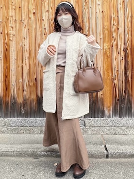 「大人ガーリー」｜「アイテム（ノーカラーコート）」を使った、てぃるさん（レディース・158cm）の冬コーディネート