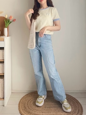 「tiptop（ティップトップ）の【ZOZO限定アイテム】セミフレアデニムパンツ【3サイズ展開/新色登場】（デニムパンツ、ブルー系）」を使った、てぃるさん（レディース・158cm）の夏コーディネート