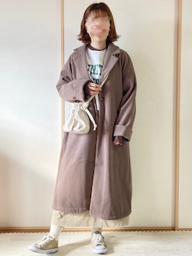 「巾着バッグ」｜「アイテム（チェスターコート）」を使った、てぃるさん（レディース・158cm）の冬コーディネート