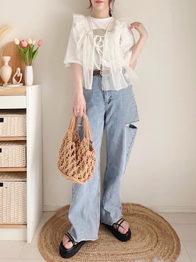 「tiptop（ティップトップ）の箔プリント半袖BIGTシャツ（Tシャツ/カットソー）」を使った、てぃるさん（レディース・158cm）の夏コーディネート