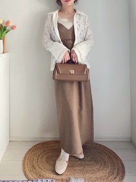 「しまむら（シマムラ）のアイテム（ワンピース、ベージュ系）」を使った、てぃるさん（レディース・158cm）の夏コーディネート