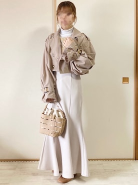 「巾着バッグ」｜「アイテム（トレンチコート）」を使った、てぃるさん（レディース・158cm）の冬コーディネート