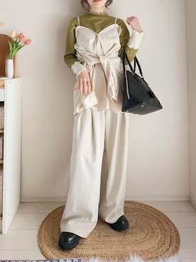 「tiptop（ティップトップ）の【ZOZO限定アイテム】ウエスト紐付タックワイドパンツ（スラックス、ホワイト系）」を使った、てぃるさん（レディース・158cm）の春コーディネート