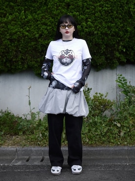 「ミニスカート」｜「アイテム（Tシャツ/カットソー、ブラック系）」を使った、モﾁｬﾝ / rumi さん（レディース・146cm）の夏コーディネート