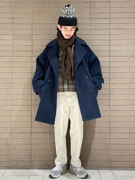 「チェック柄に恋してる」｜「アイテム（ピーコート）」を使った、Naoki Shuzuiさん（メンズ・178cm）の冬コーディネート