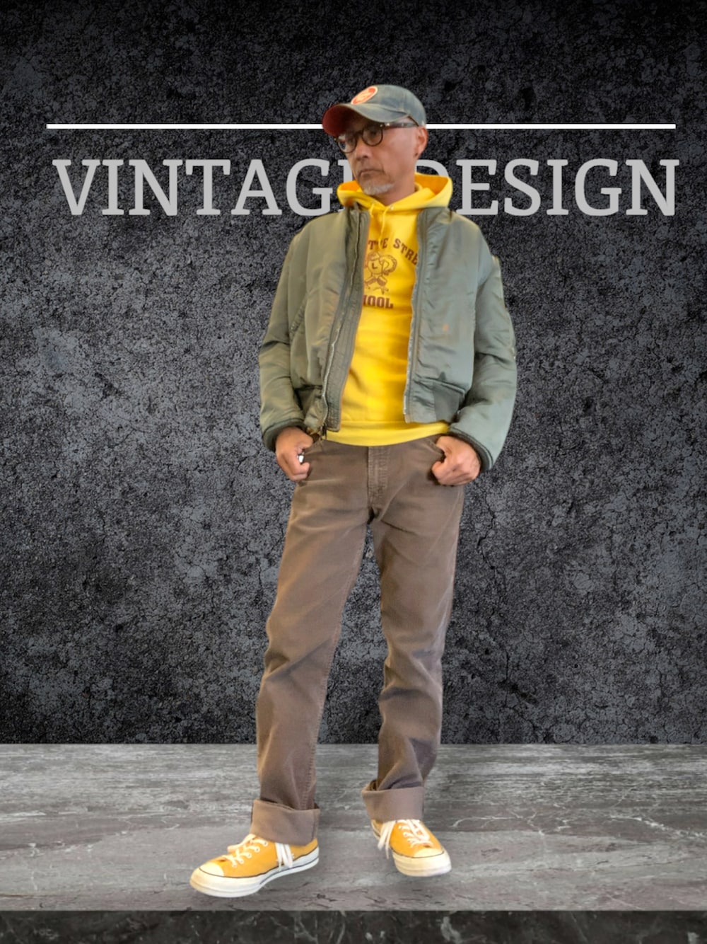 「アメカジ、ダッズスタイル、アメリカンスタンダード、コンバース、リーバイス、MA1」｜「CONVERSEのConverse 1970s Chuck Taylor All Star Canvas Sneakers（スニーカー、イエロー系）」を使った、kazu1969さん（メンズ・170cm）の冬コーディネートの1枚目の写真