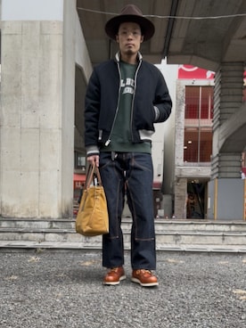 「アイテム（帽子、ブラウン系）」を使った、Reomaさん（メンズ・171cm）の冬コーディネート