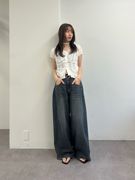 「mystic（ミスティック）のベルト付きカーブワイドデニム（デニムパンツ、ブルー系）」を使った、小南優歩さん（レディース・163cm）の春コーディネート