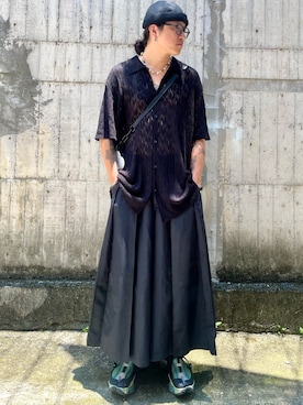 「THE H.W. DOG & CO. （ザエイチダブリュドックアンドコー）のRIGID DENIM ROLL CAP - Black D-00939（帽子、ブラック系）」を使った、Reset🇹🇼さん（メンズ・178cm）の夏コーディネート
