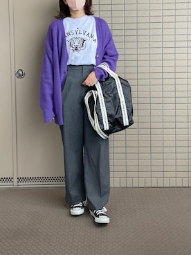 「ANGIE（アンジー）のオーバーサイズVネックニットカーディガン（カーディガン/ボレロ、パープル系）」を使った、canata*さん（レディース・161cm）の秋コーディネート