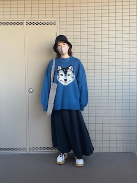 「SpRay（スプレイ）のオオカミジャガードニット（ニット/セーター、ブルー系）」を使った、canata*さん（レディース・161cm）の冬コーディネート